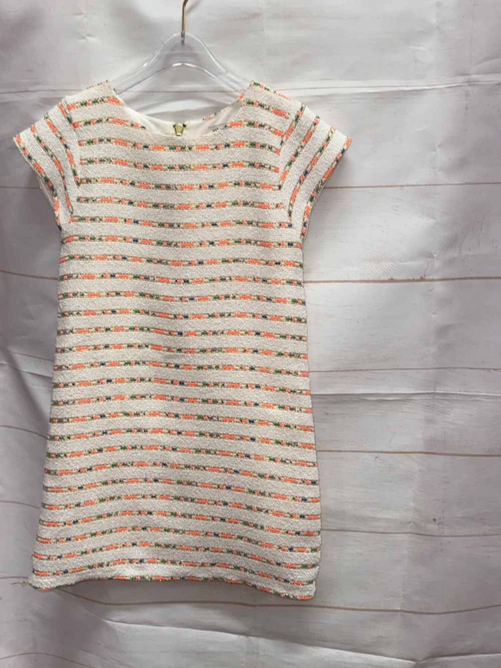 Sally Miller Cream Knit Shift Dress with Coral & Green Stripe Detail